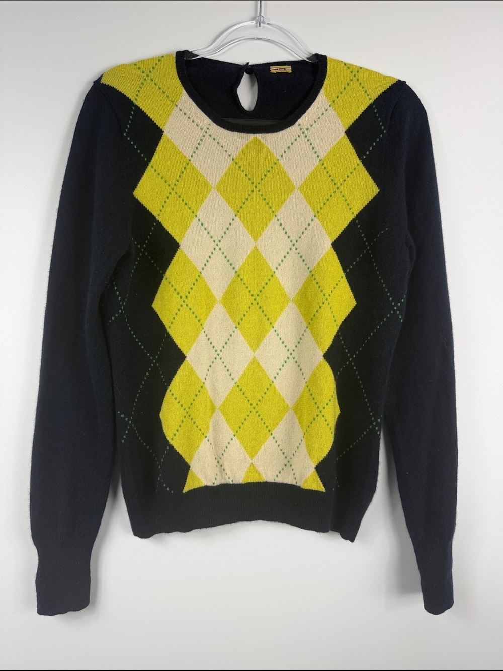 Vintage J.Crew Navy Lime Green Argyle Wool Sweater Preppy Y2K Women’s S